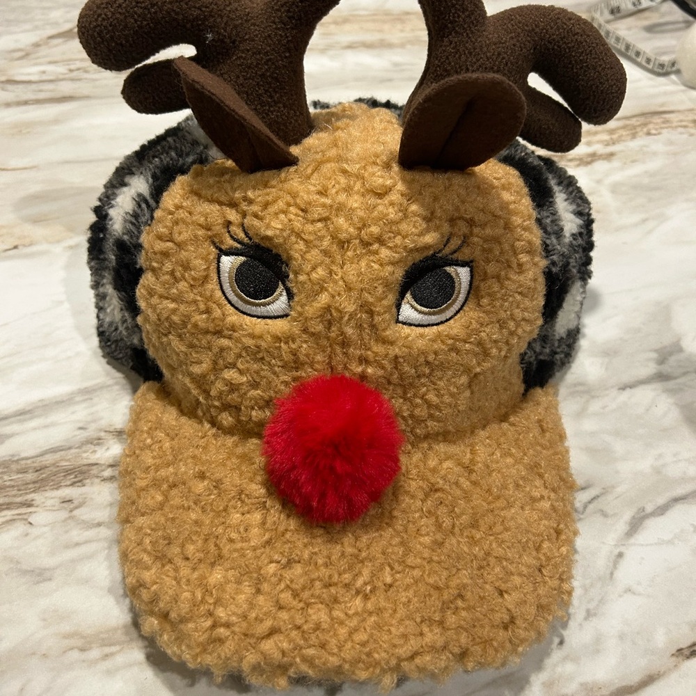 Adult Reindeer Sherpa Baseball Christmas Hat with antlers red nose SnapBack